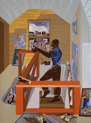 “The Studio,” a 1977 self-portrait by Jacob Lawrence, features his Seattle home studio with a window looking out to Harlem. Courtesy of Seattle Art Museum, © The Jacob and Gwendolyn Knight Lawrence Foundation, Seattle / Artists Rights Society, NY.