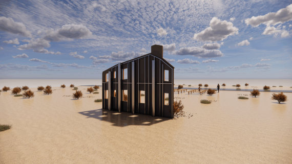Rear view of Whitney Lynn's Atomic Open House: image features the back facade of a prop house surrounded by desert terrain, with a backdrop of a clear sky.