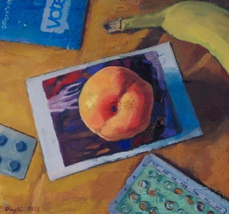 Painting by Abigail Drapkin of a peach, election ballot, abortion pills, banana, and Georgia O'Keefe postcard