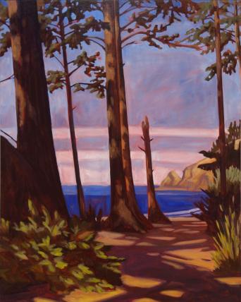 Painting of a seascape from behind a copse of trees