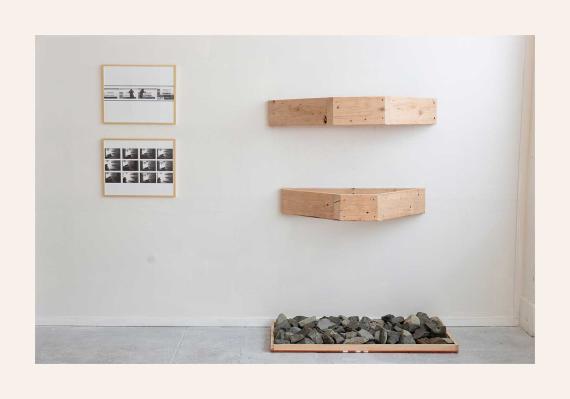 Stefan Gonzales. Domestic Non-Site #1, 2019. Quarry stones, Douglas Fir wood, and archival paper