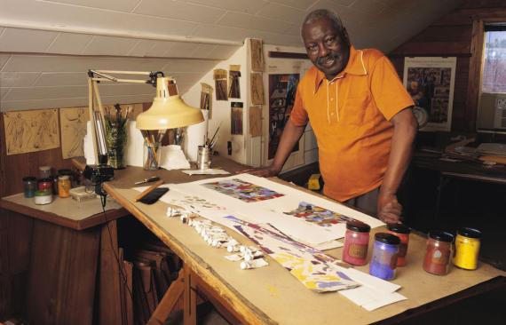 Jacob Lawrence in his home studio