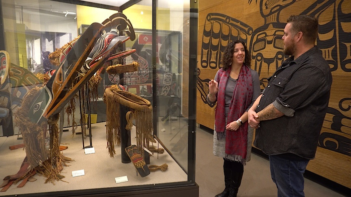 Professor Katie Bunn-Marcuse and visiting artist Sonny Assu at the Burke Museum