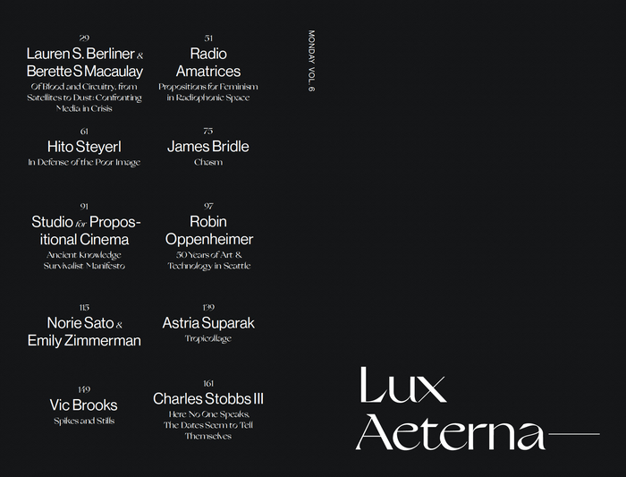 Table of contents from "Lux Aeterna," MONDAY, volume 6