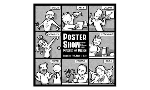 Cartoon of grid of 8 figures and the text "Poster Show" in the center of the grid