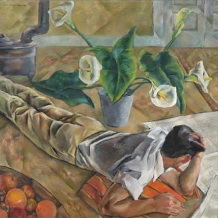 Painting of a figure laying down, facing away from the viewer, head held in left hand; calla lily placed next to him