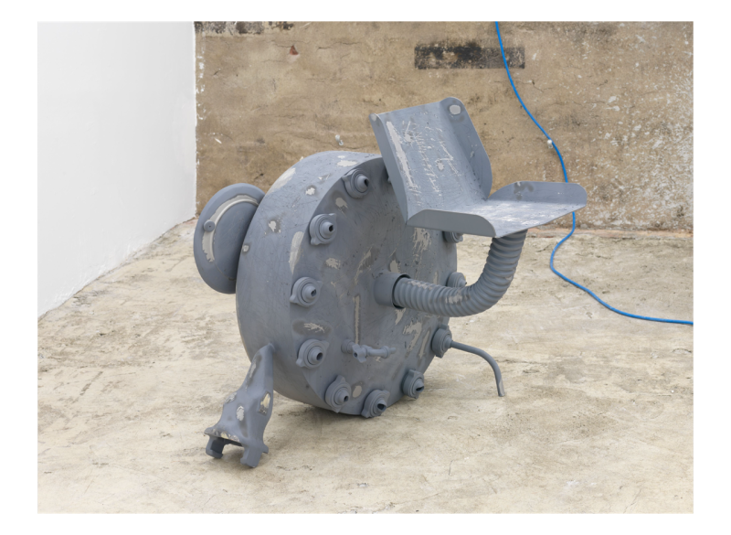 Grey industrial sculpture with seat by Dozie Kanu