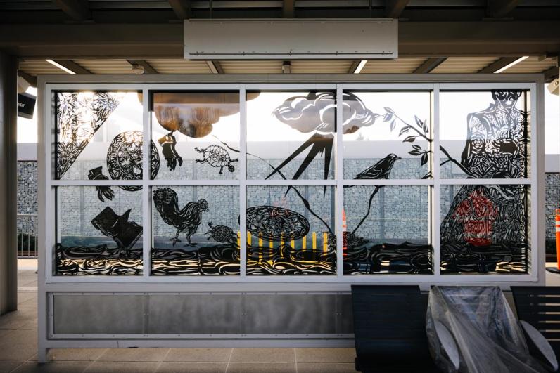 Close-up view of Earl's public art installation at the Judkins Park Light Rail Station