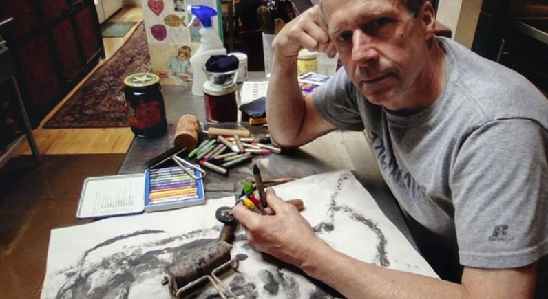 Curt Labitzke printmaking at home