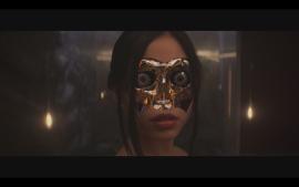 Photograph of a humanoid robot with face partially removed to expose robotics beneath.