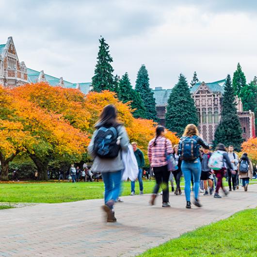 UW Quad in autumn with students walking across the quad.