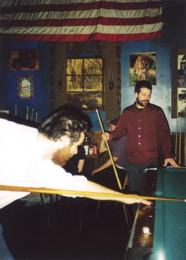 Brian Sharp and Jonas Wood playing pool in 2001. Image courtesy of Sharp and Wood.