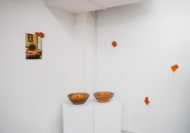 Exhibition view of student's work with a photo and two tables below.\
