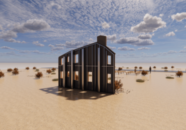 Rear view of Whitney Lynn's Atomic Open House: image features the back facade of a prop house surrounded by desert terrain, with a backdrop of a clear sky.