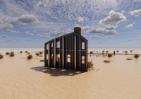 Rear view of Whitney Lynn's Atomic Open House: image features the back facade of a prop house surrounded by desert terrain, with a backdrop of a clear sky.