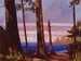 Painting of a seascape from behind a copse of trees