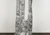 Michael Hong. 큰 손 (Big-Hand), 2024. Stoneware, aluminum silver leaf, and rice bags. 72 x 24 x 24 inches