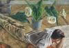 Painting of a figure laying down, facing away from the viewer, head held in left hand; calla lily placed next to him