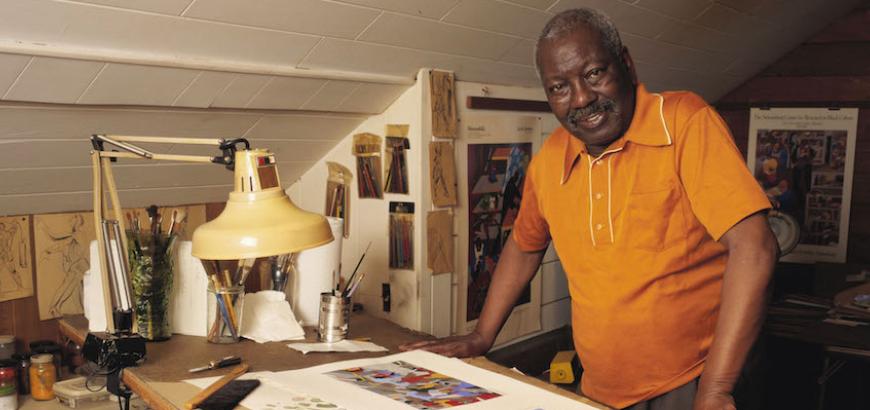 Jacob Lawrence in his home studio