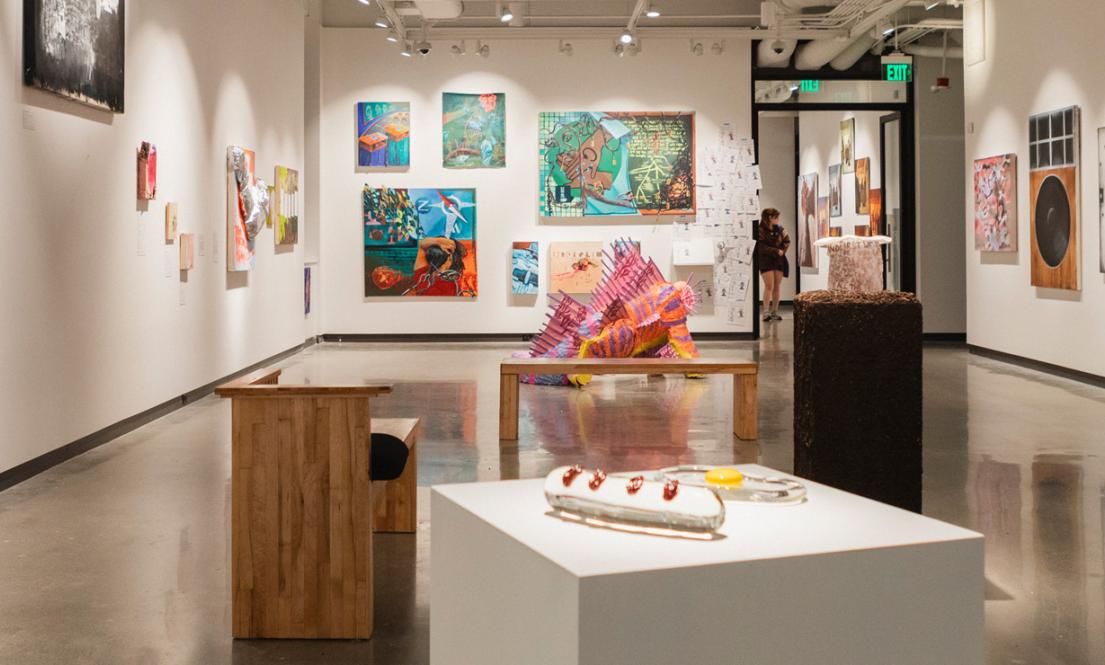 Installation view of Dispersal Patterns: Honors BA Grad Exhibition in the Jacob Lawrence Gallery.