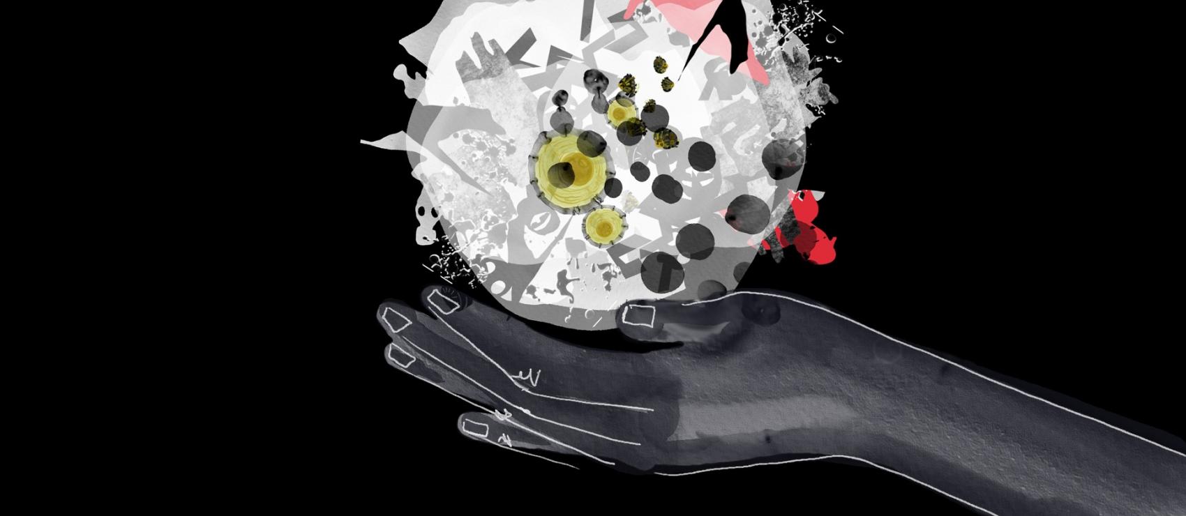 Still capture from a motion graphic depicting a dark gray hand, outlined in white, on a black field, holding a ball comprised of a variety of shapes in solid colors, mostly white and light gray, with some red, yellow, and dark gray.