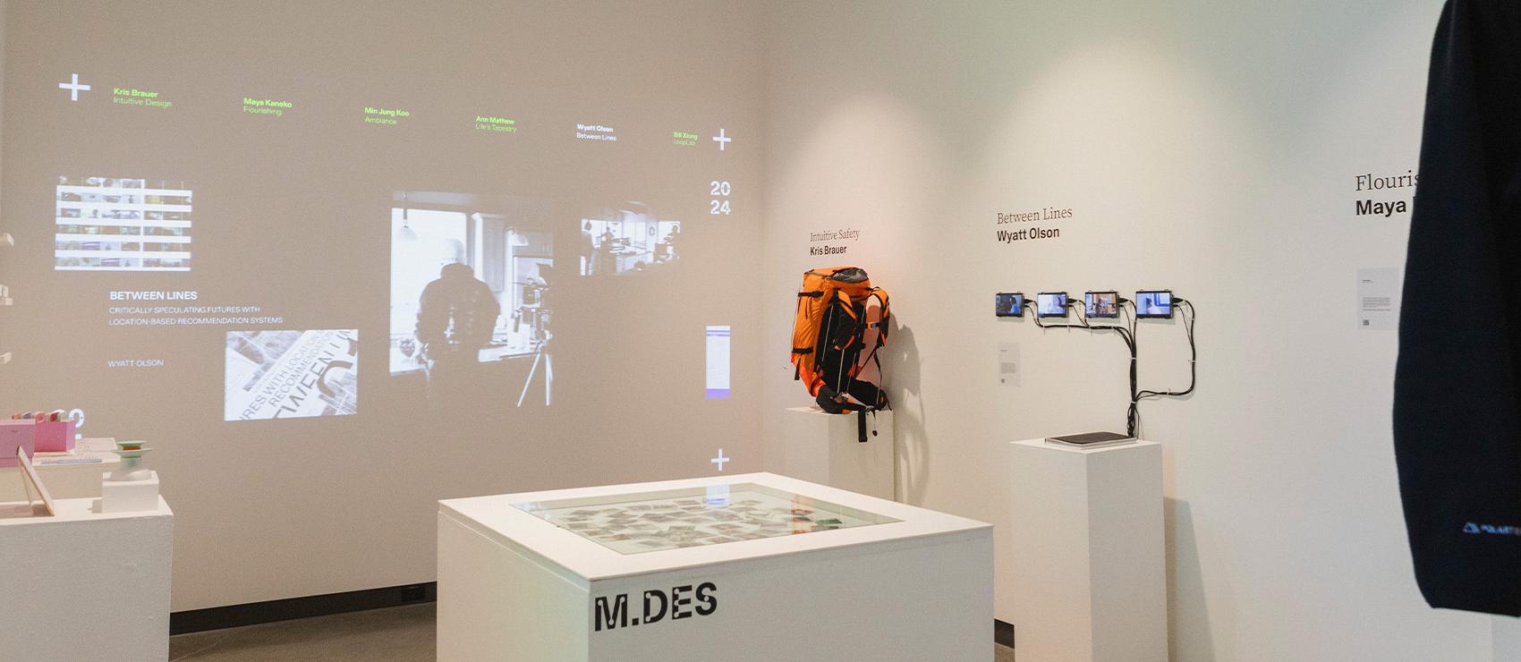 Exhibition view of the MDes student work in the Jacob Lawrence Gallery