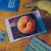 Painting by Abigail Drapkin of a peach, election ballot, abortion pills, banana, and Georgia O'Keefe postcard