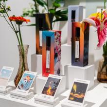 Close-up of display table featuring student's work.