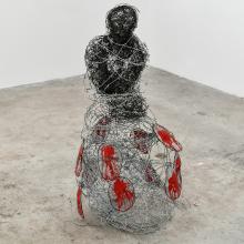 Close-up of student's sculptural work made of wire