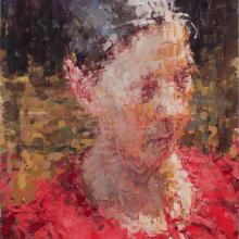 Ann Gale. </em>Shawna with Red</em>, 2025. Oil on masonite, 14 x 11 in. Courtesy of the artist. Shawna with Red by Ann Gale