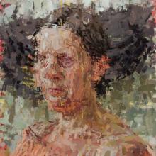 Ann Gale. </em>Shawna with Orange Sweater</em>, 2025. Oil on masonite, 14 x 11 in. Courtesy of the artist. Shawna with Orange Sweater by Ann Gale