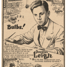 Stookie Allen, cartoon portrait of Douglas Leigh in “Above the Crowd,” New York Daily Mirror, ca. 1930s. Douglas Leigh Papers, Archives of American Art, Smithsonian Institution.  
