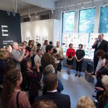 Christopher Ozubko speaking at exhibition opening