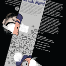 Thesis poster with text and metaverse images over black and grey background