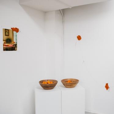 Exhibition view of student's work with a photo and two tables below.\