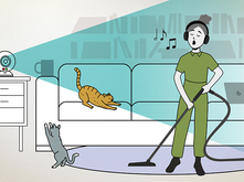 Illustration of someone singing and vacuuming while a surveillance camera in one them. 