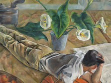 Painting of a figure laying down, facing away from the viewer, head held in left hand; calla lily placed next to him